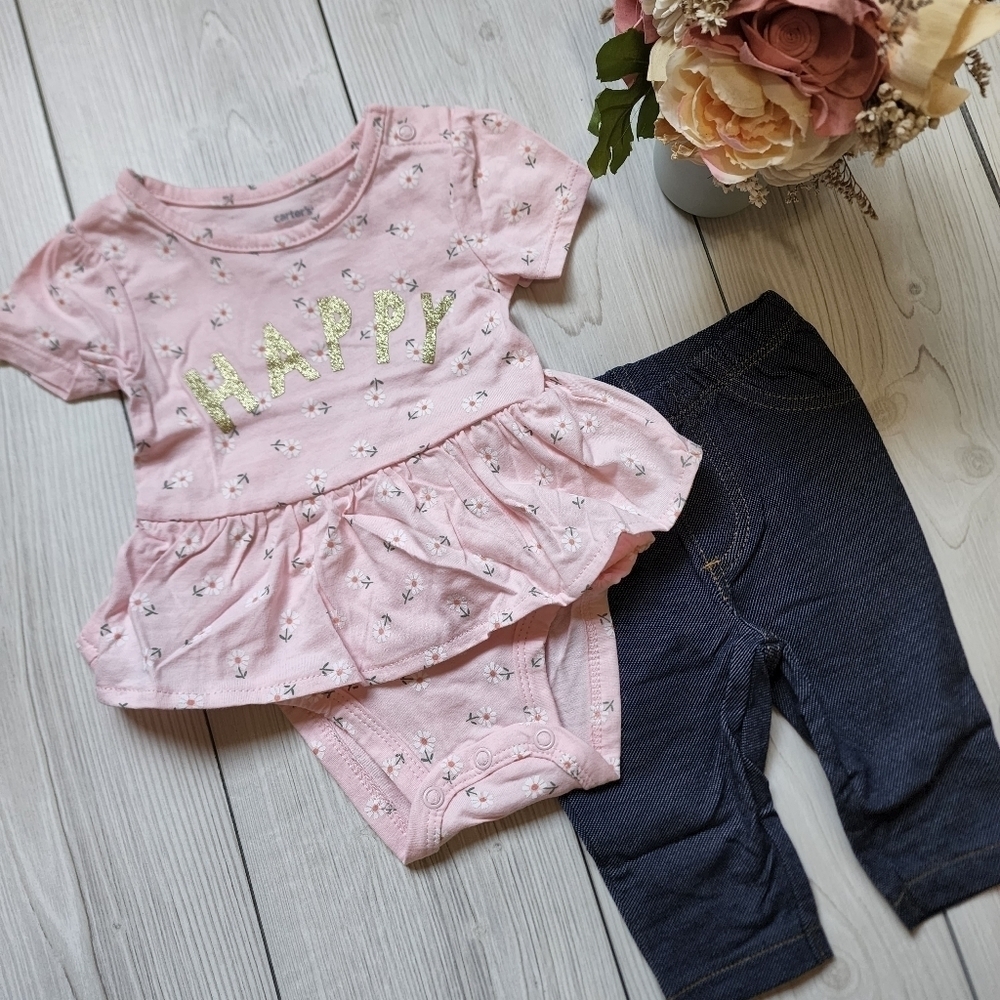 Carter's 2 piece baby outfit pink happy bodysuit with denim pants NWT Size 3 mo - Picture 2 of 16